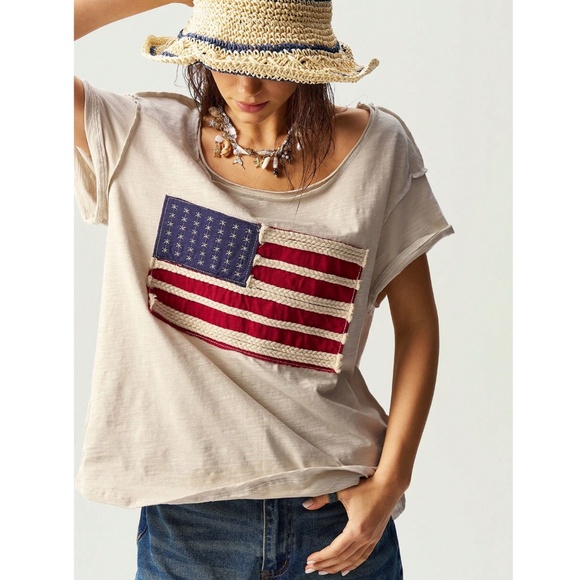 100% Cotton American Flag Beige Oversized Scoop Neck Bohemian Tee Shirt - Picture 6 of 10